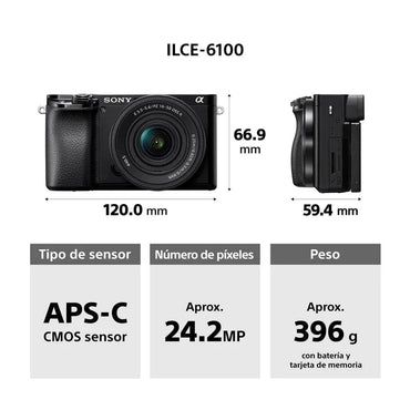 Combo: Cámara Digital Mirrorless APS-C ILCE-6100K: A6100 + Lente SELP16502 + Lente E 55-210