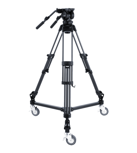Sistema de trípode de aluminio de dos etapas Libec LX10 Studio y cabezal H65B con asas panorámicas dobles y plataforma rodante esparcidora