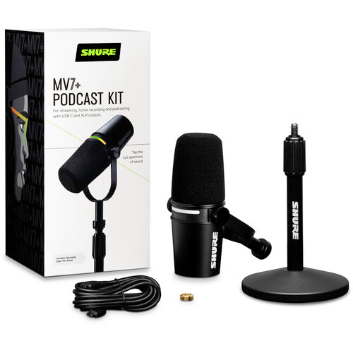 Micrófono Shure MV7+-K Podcast XLR/USB con soporte de escritorio Gator (negro)