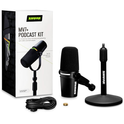 Micrófono Shure MV7+-K Podcast XLR/USB con soporte de escritorio Gator (negro)